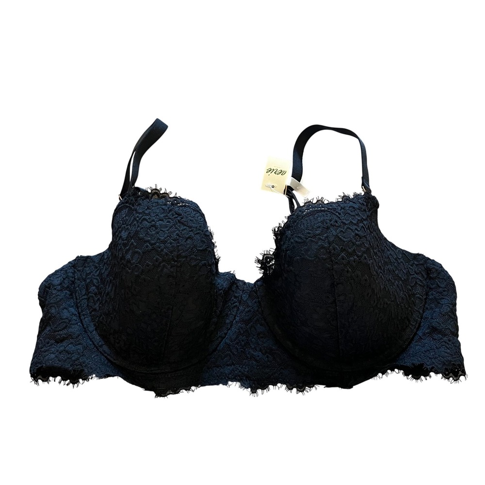 Aerie Black Floral Lace Underwire Bra Eyelash Trim 38C 8263-073 NWT